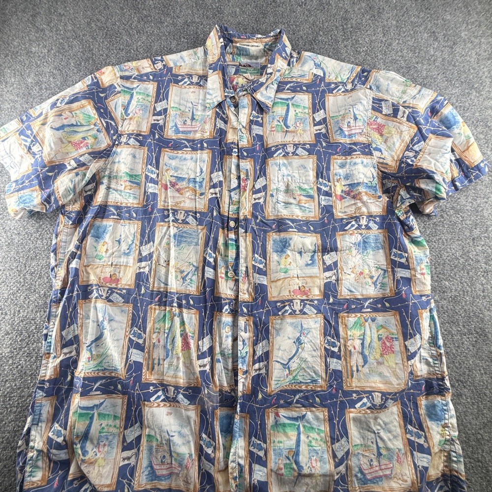 Reyn Spooner Mens XXL Egyptian Cotton Hawaiian Shirt Nautical Fishing Print Blue
